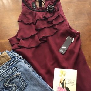 NWT BCX Maroon Flounced Sleeveless Top W/Brooch